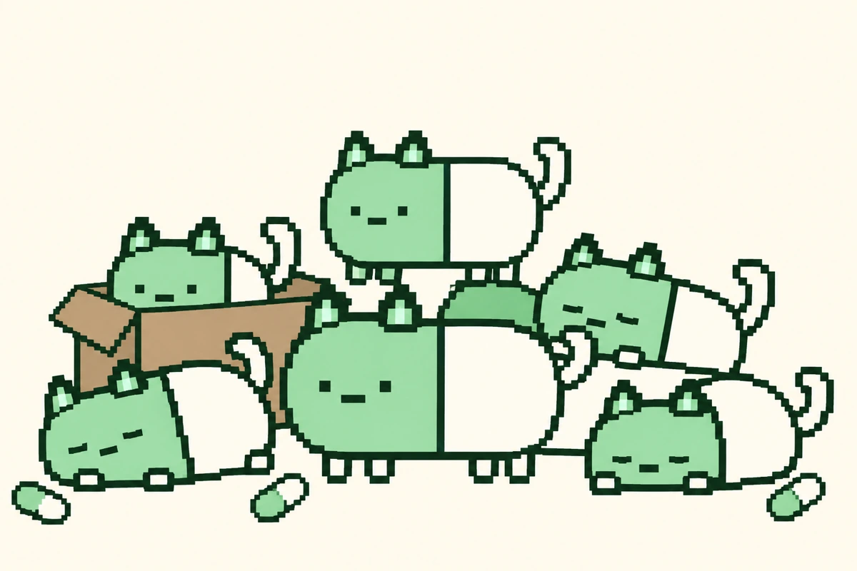 A little crowd of Pilly capsule cats napping, sitting in a box and hanging out together.
