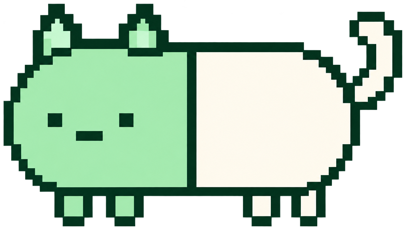 Pilly: a complete green and white pill-shaped pixel cat, with four tiny feet and a curly tail.